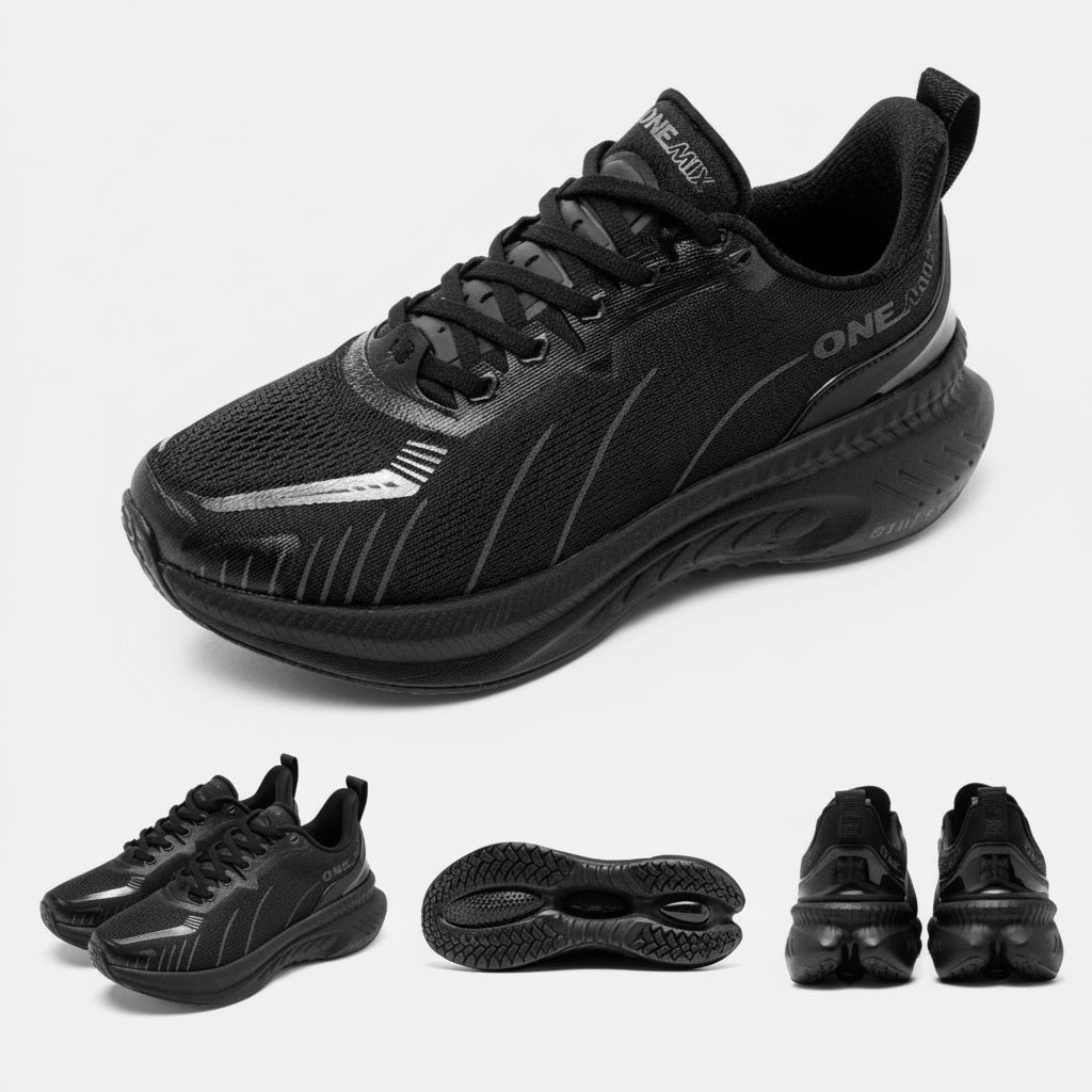 Black running shoes with additional shoe parts on a white background