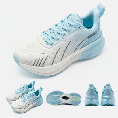 Light blue and white running shoes with a sole view on a white background