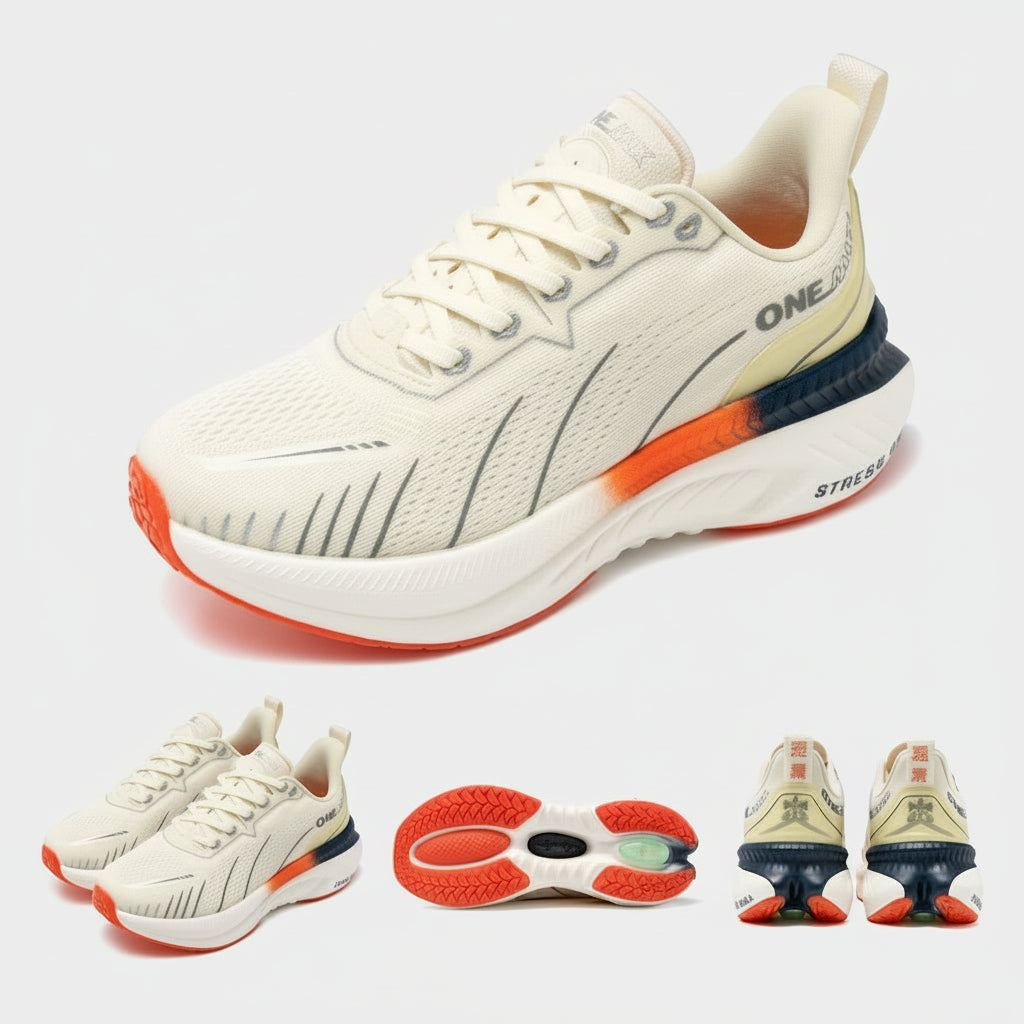 White running shoe with orange and blue accents on a white background