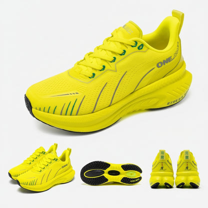 Bright yellow running shoes with black soles on a white background