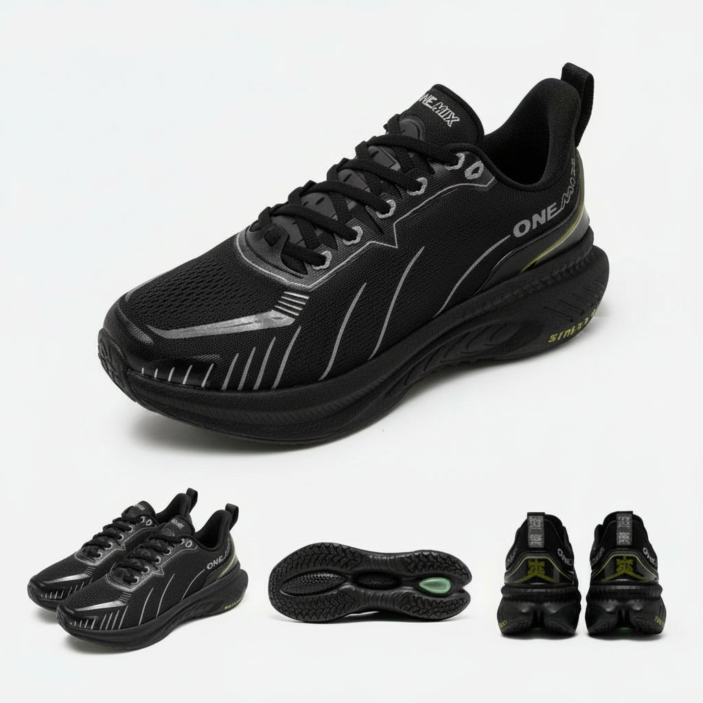 Black running shoes with detailed view on a white background