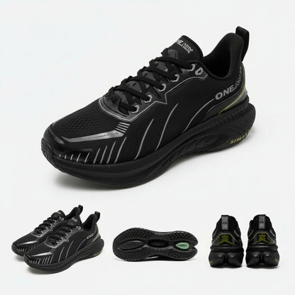 Black running shoes with detailed view on a white background