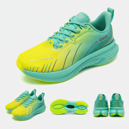 Turquoise and yellow running shoes with a focus on sole design on a white background