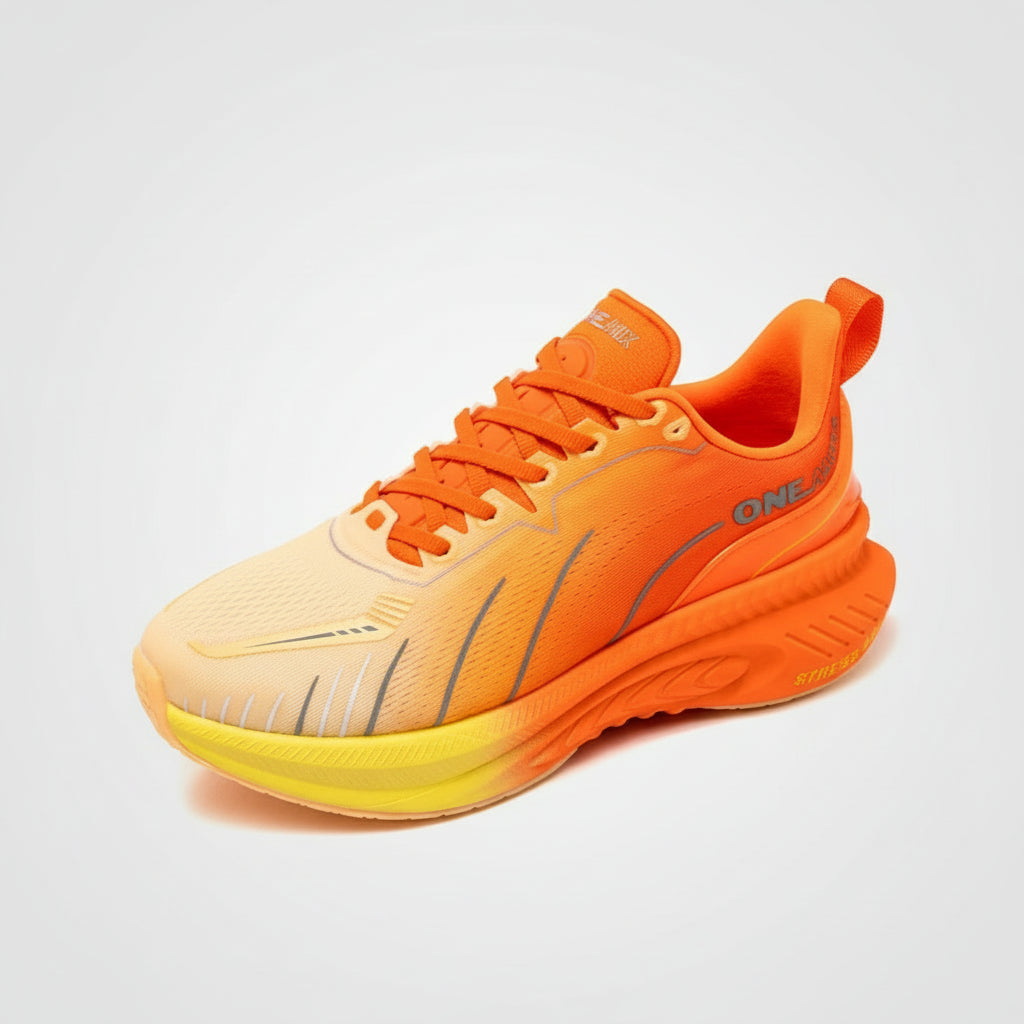 Orange running shoe with a gradient sole on a white background