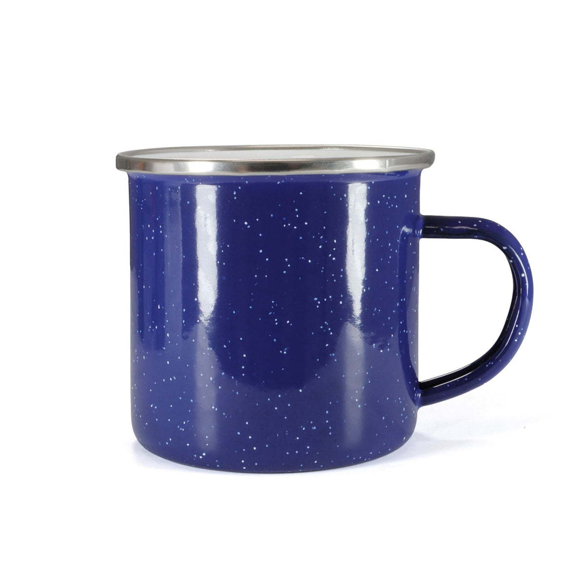 Blue enamel cup with silver rim and side handle