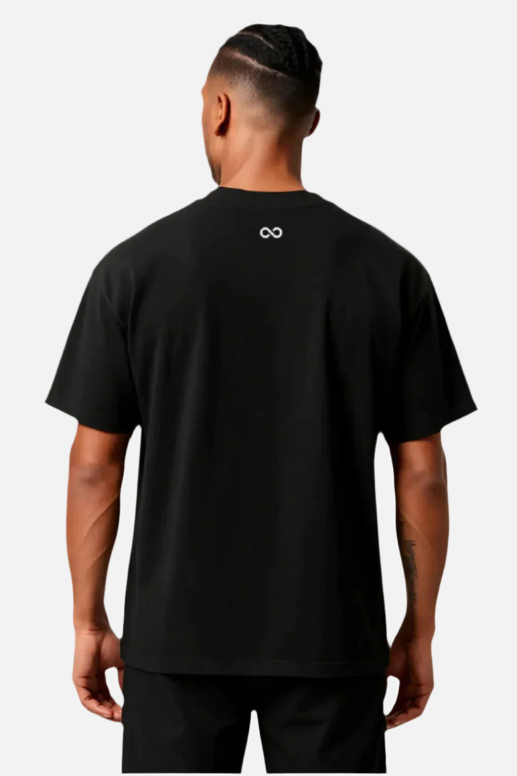 Black oversized gym T-shirt, back view with small infinity logo at neck