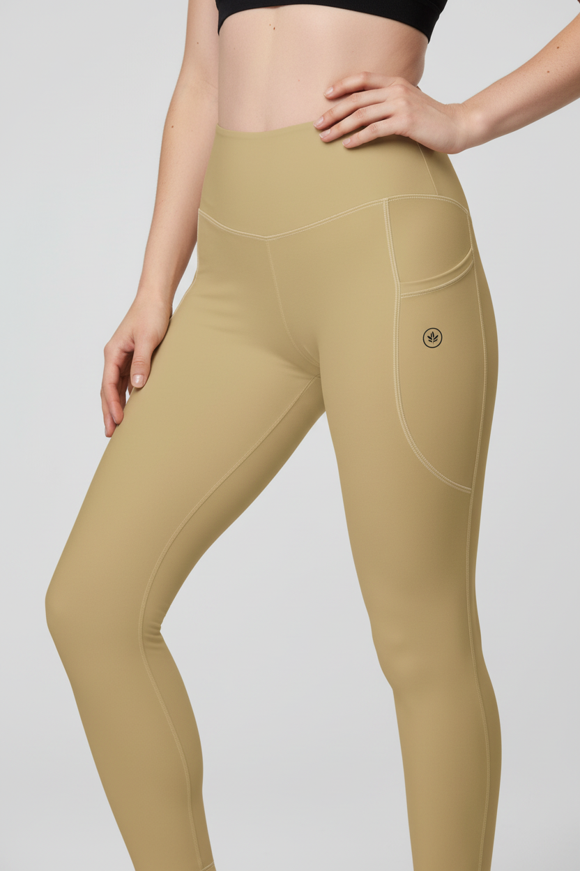 Beige leggings worn by a person on a plain background