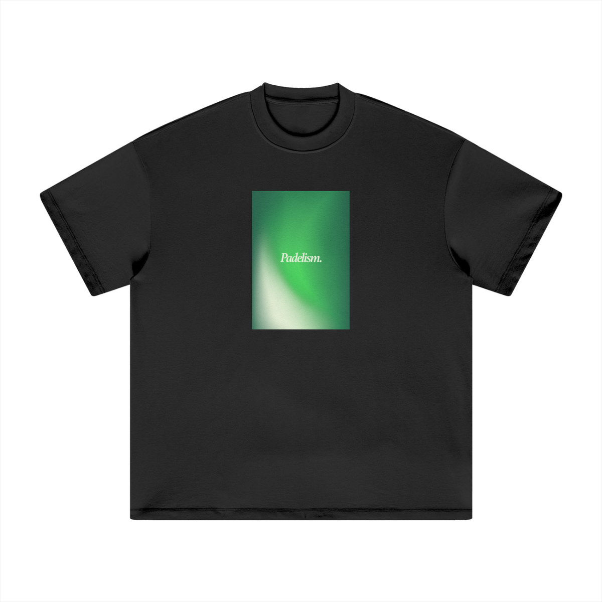 Black heavyweight crewneck T-shirt with short sleeves and centered square graphic print