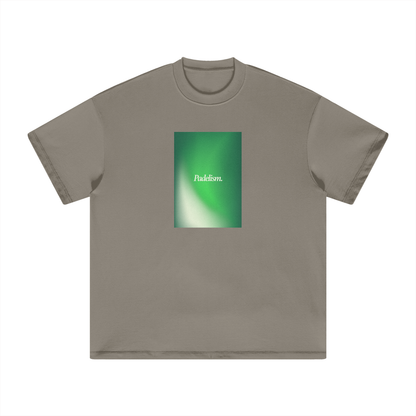 Taupe-gray heavyweight crewneck T-shirt with short sleeves and centered square graphic print