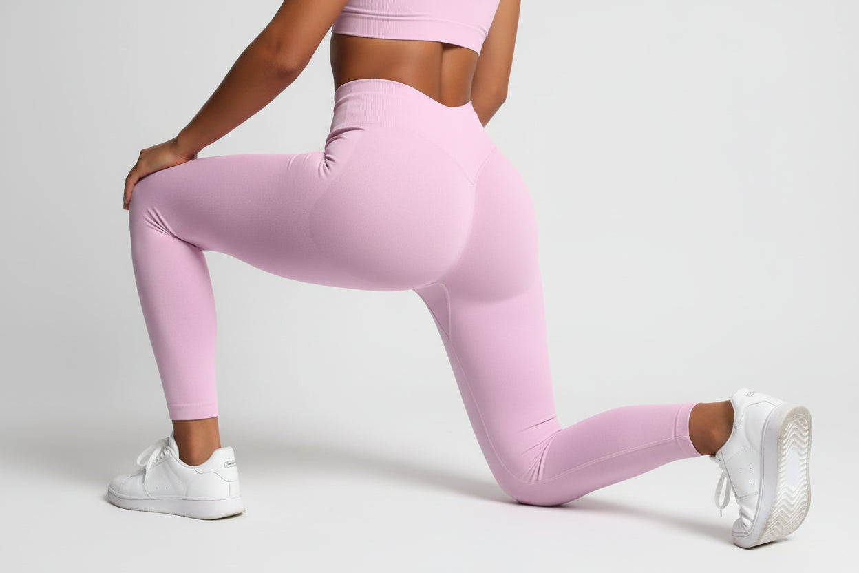 Pink leggings worn by a person on a light gray background