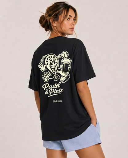 Black heavyweight T-shirt with “Padel & Pints” back graphic