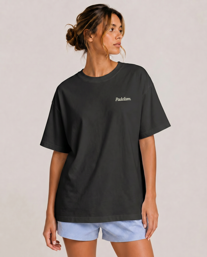 Black heavyweight T-shirt with small “Padelism” chest logo