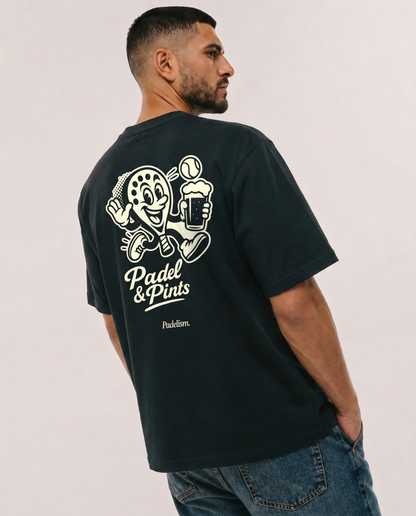 Dark-green heavyweight t-shirt with back cartoon Padel & Pints print
