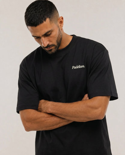 Black heavyweight T-shirt with “Padelism” chest text