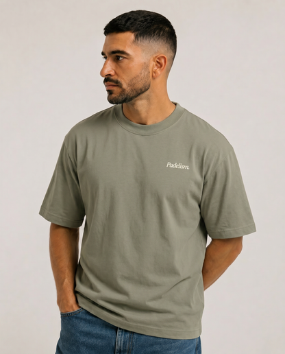 Green heavyweight T-shirt with 'Padelism.' chest logo