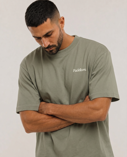 Green heavyweight T-shirt with 'Padelism.' chest logo