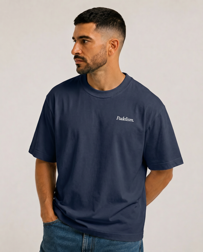 Navy heavyweight t-shirt with small “Padelism.” logo on the chest