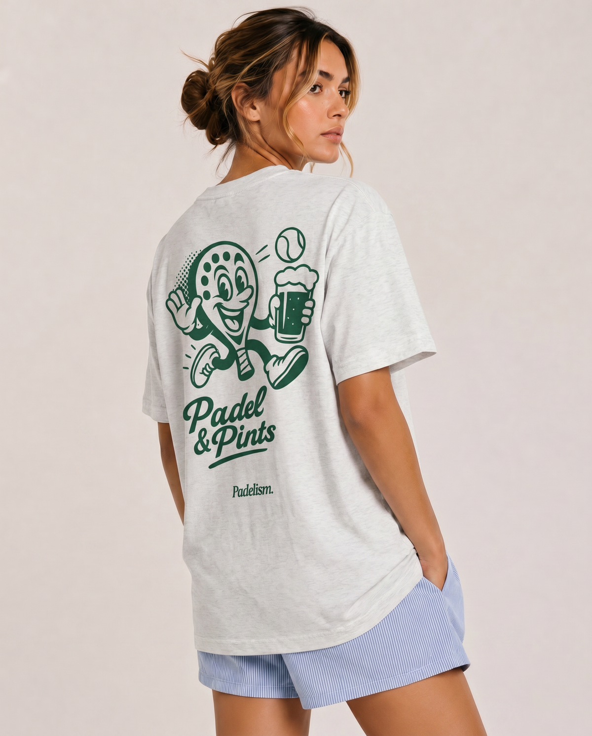 White heavyweight t-shirt with Padel & Pints back graphic in green