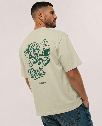 Oat gray heavyweight T-shirt with green “Padel & Pints” back graphic