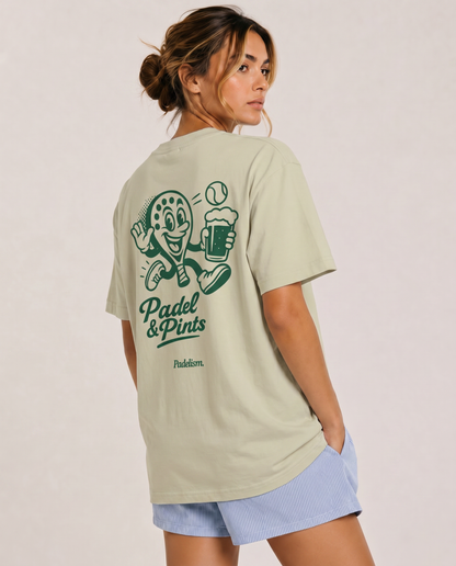 Oat gray heavyweight t-shirt with Padel & Pints back graphic in green