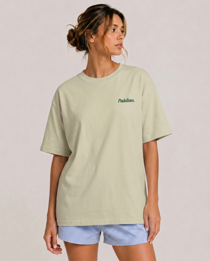 Oat gray heavyweight t-shirt with small “Padelism.” logo on the front
