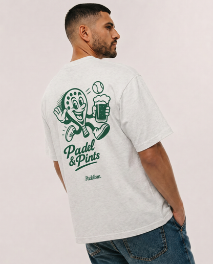 White heavyweight t-shirt with Padel & Pints back graphic