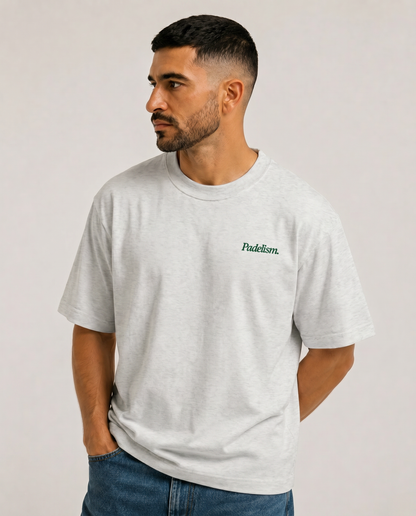 Gray heavyweight t-shirt with small “Padelism.” logo on the chest