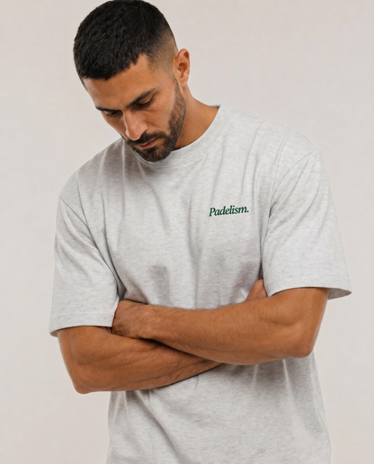 Gray heavyweight t-shirt with small “Padelism.” logo on the chest