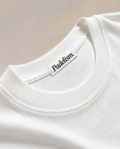 White heavyweight T-shirt with ribbed crew neck and 'Padelism.' tag