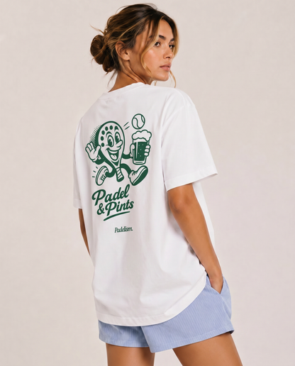 White heavyweight T-shirt with “Padel & Pints” back graphic