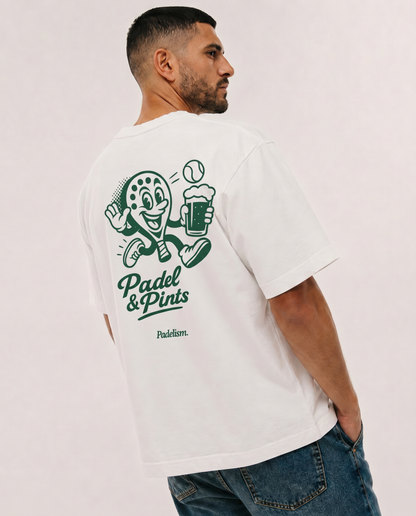 White heavyweight T-shirt with green “Padel & Pints” back graphic