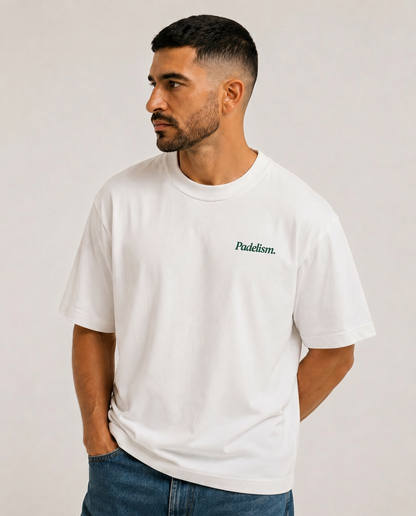 White heavyweight T-shirt with “Padelism” chest logo