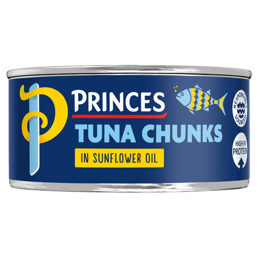 Tuna chunks in sunflower oil can with blue front label