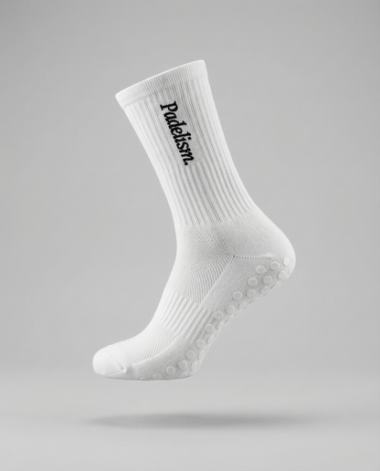 White ribbed crew socks with cushioned foot and rubber non-slip grip pads