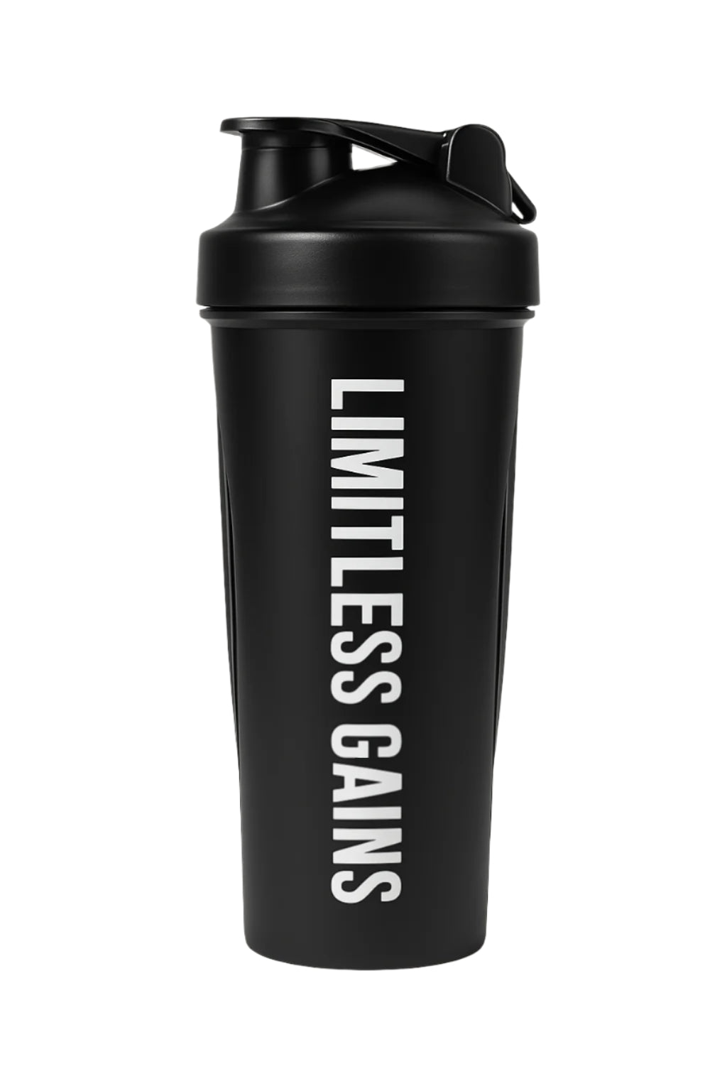 Black protein shaker bottle with flip-top lid and vertical Limitless Gains logo