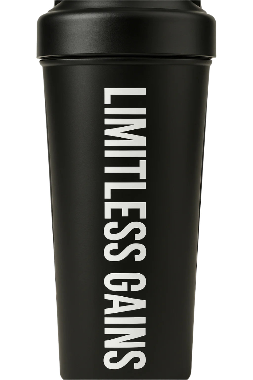 Black protein shaker bottle close-up with white Limitless Gains branding