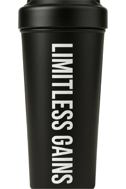 Black protein shaker bottle close-up with white Limitless Gains branding