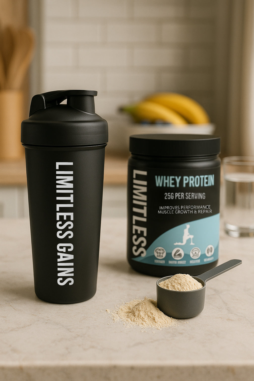 Black protein shaker bottle with whey protein tub and scoop with powder