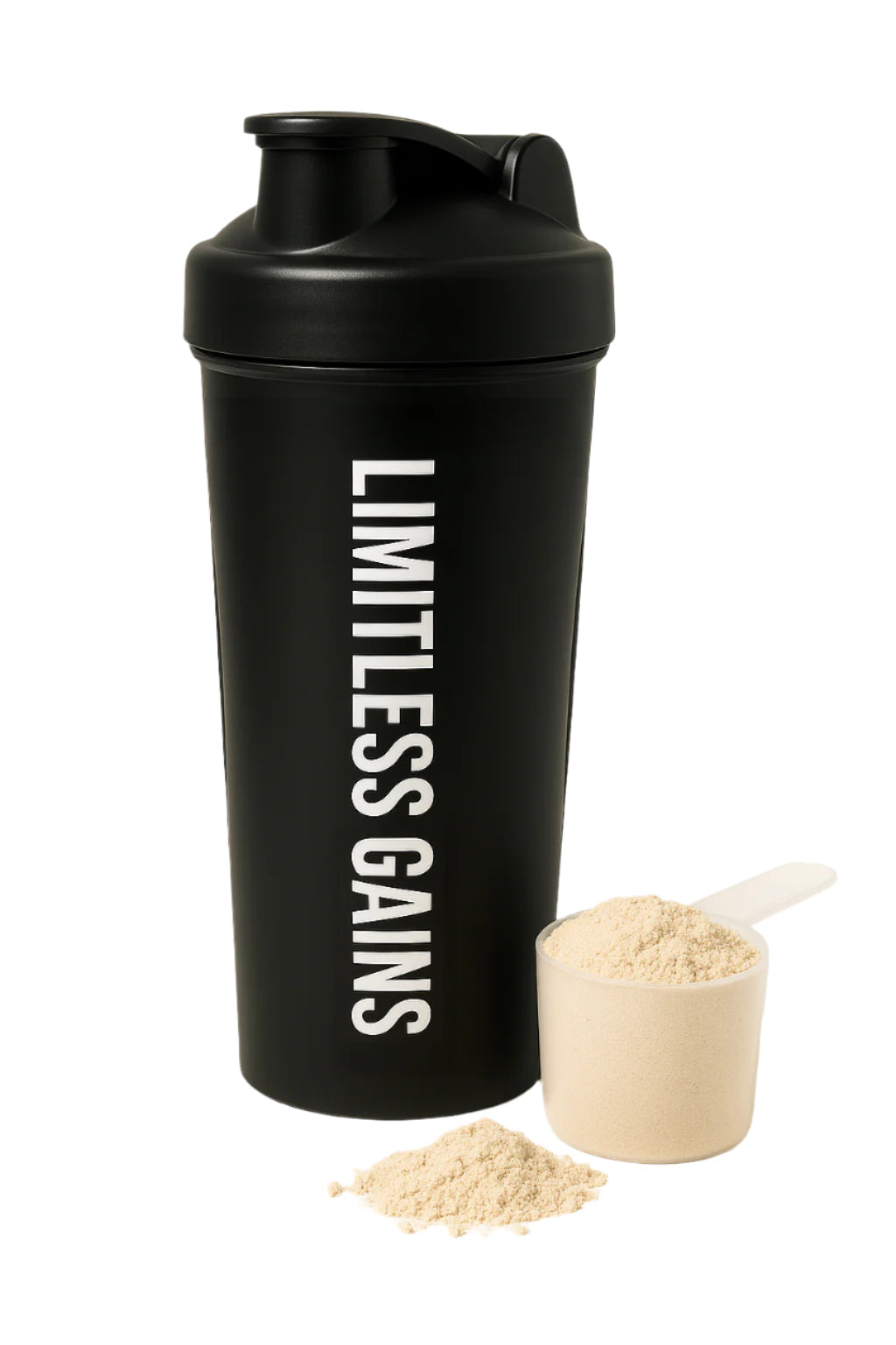 Black protein shaker bottle with scoop and beige powder