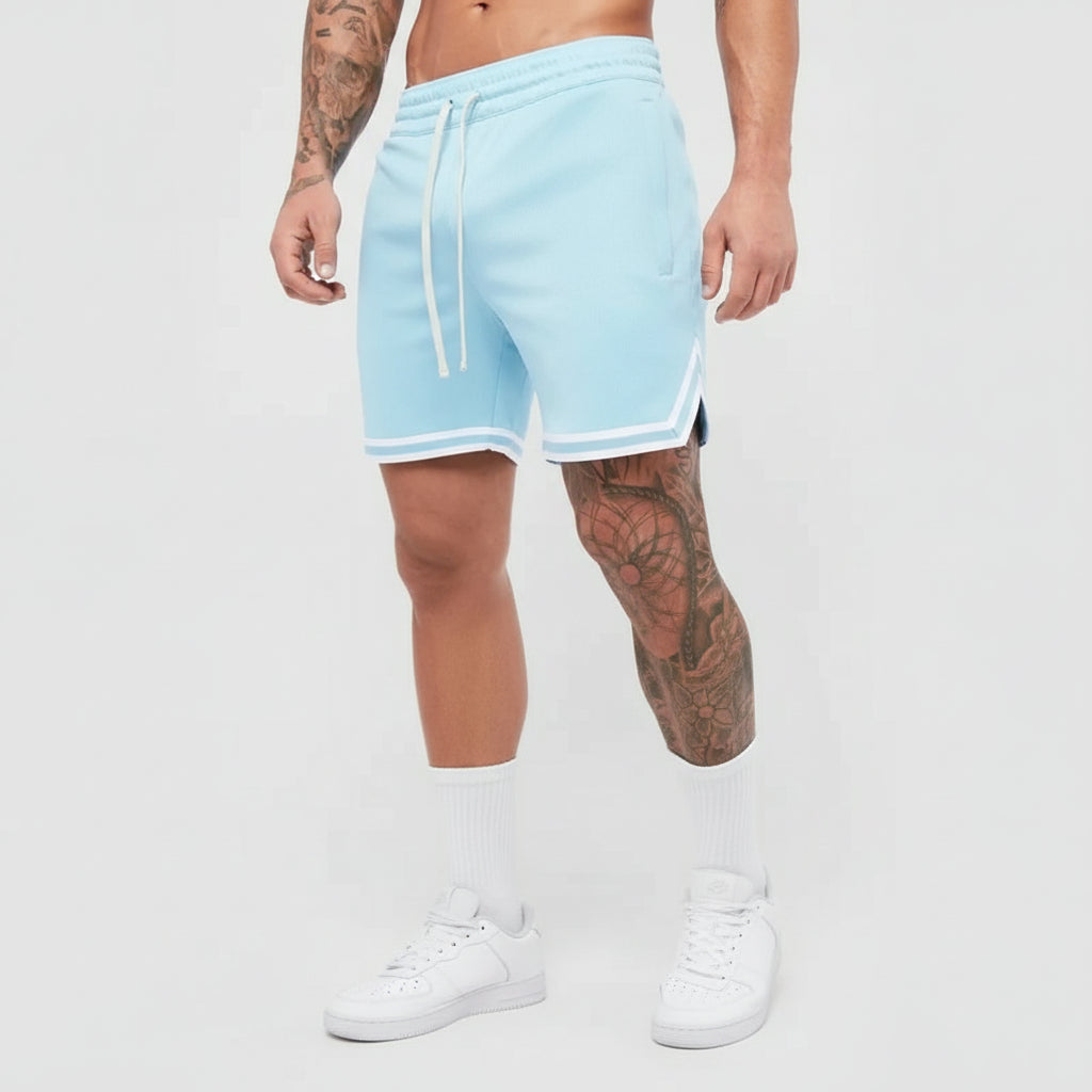Light blue shorts with white trim worn by a person on a white background