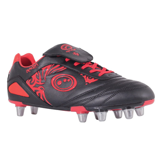 Black and red rugby boot with lace-up front, patterned upper, and metal stud sole