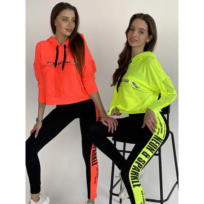 Gymdolphins Women Sweatshirt Set Loose Fit Hooded Top and Letter Printed Contrast Color High Waisted Pants Fashion Fitness Suit