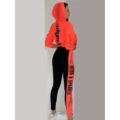 Gymdolphins Women Sweatshirt Set Loose Fit Hooded Top and Letter Printed Contrast Color High Waisted Pants Fashion Fitness Suit