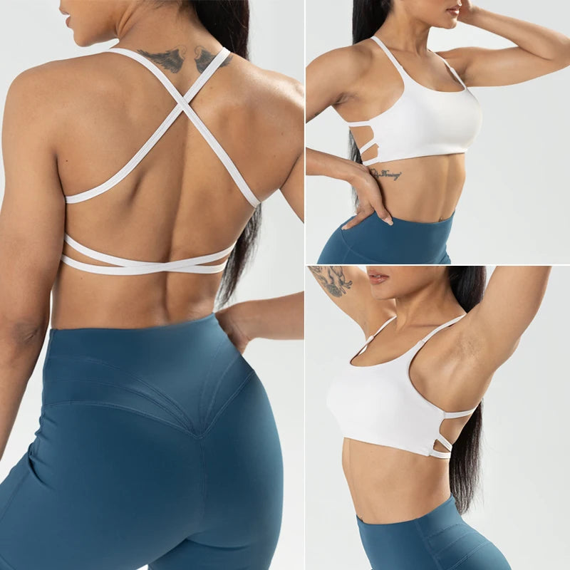 Women's Strappy Criss Cross Back Sports Bra - Low Impact, Removable Padded Yoga Cami Crop Top