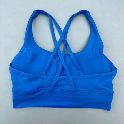 Royal blue cross-back padded sports bra with crisscross racer back straps