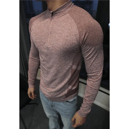 Men's Seamless Jacquard Zipper Long Sleeve Quick Drying Slim Fit T-Shirt