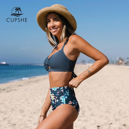 CUPSHE Cut Out Back Tie High Waist Bikini Sets Swimsuit Women Blue Floral