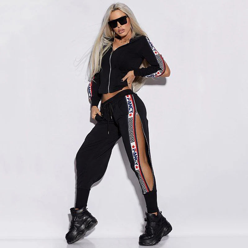 Loose Fit Hooded Sports Suit for Women - Top & Elastic Waist Split-Side Sweatpants