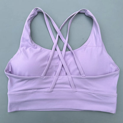 Lilac cross-back padded sports bra with crisscross racer back straps