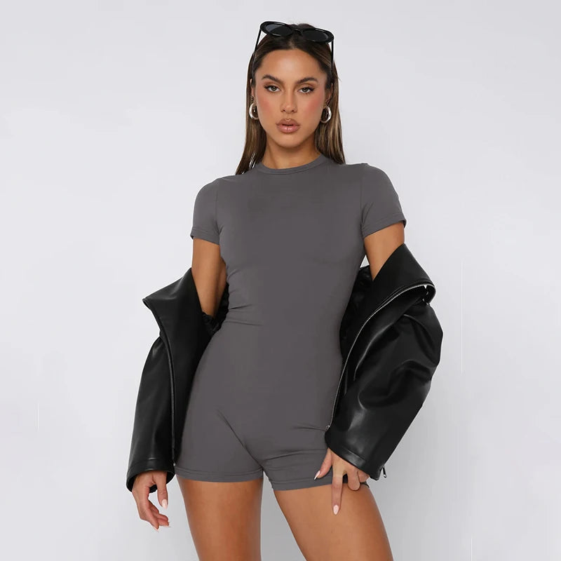 Basic O-neck Short Sleeve Sporty Playsuit